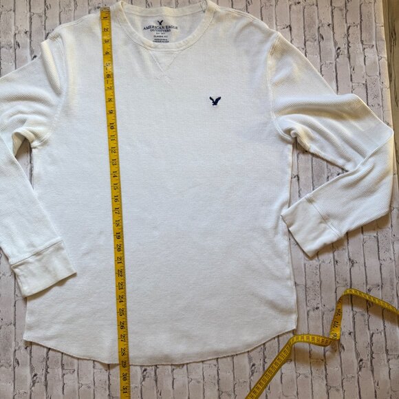 American Eagle Mens White Waffle Knit Long Sleeve Shirt With Embroidered Logo - Picture 11 of 13